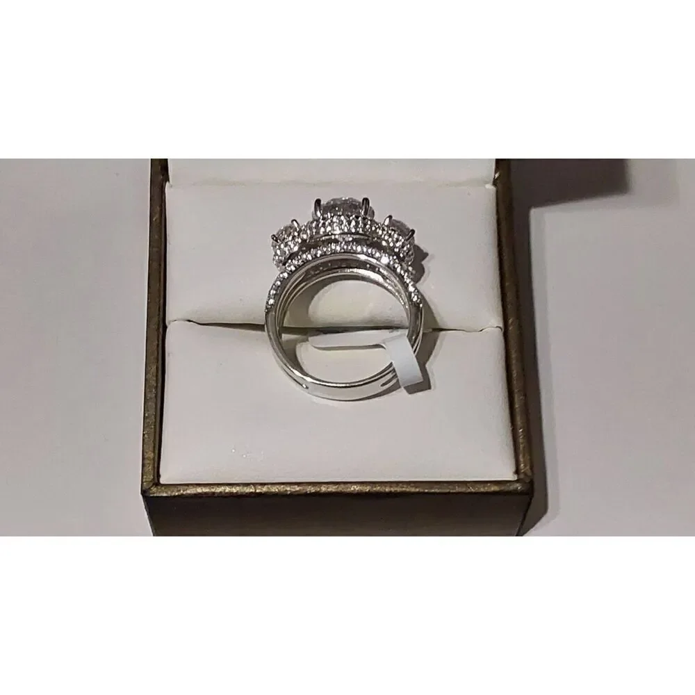 Gorgeous 9.4 Ct. Genuine Diamond Simulant Three Stone Halo Pave Wedding Ring #8